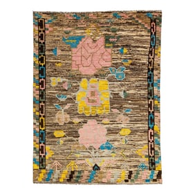 Floral Designed Modern Moroccan Style Wool Rug in Brown
