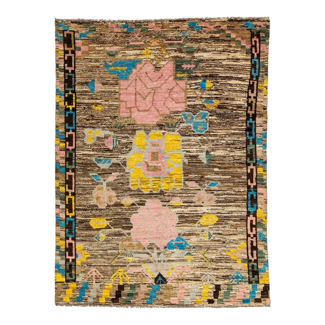 Floral Designed Modern Moroccan Style Wool Rug in Brown: This contemporary Moroccan-style wool rug features a captivating brown field with peach, blue, and yellow flowers crafted in an all-over pattern. This rug measures 5'10" x 7'10". Condition: