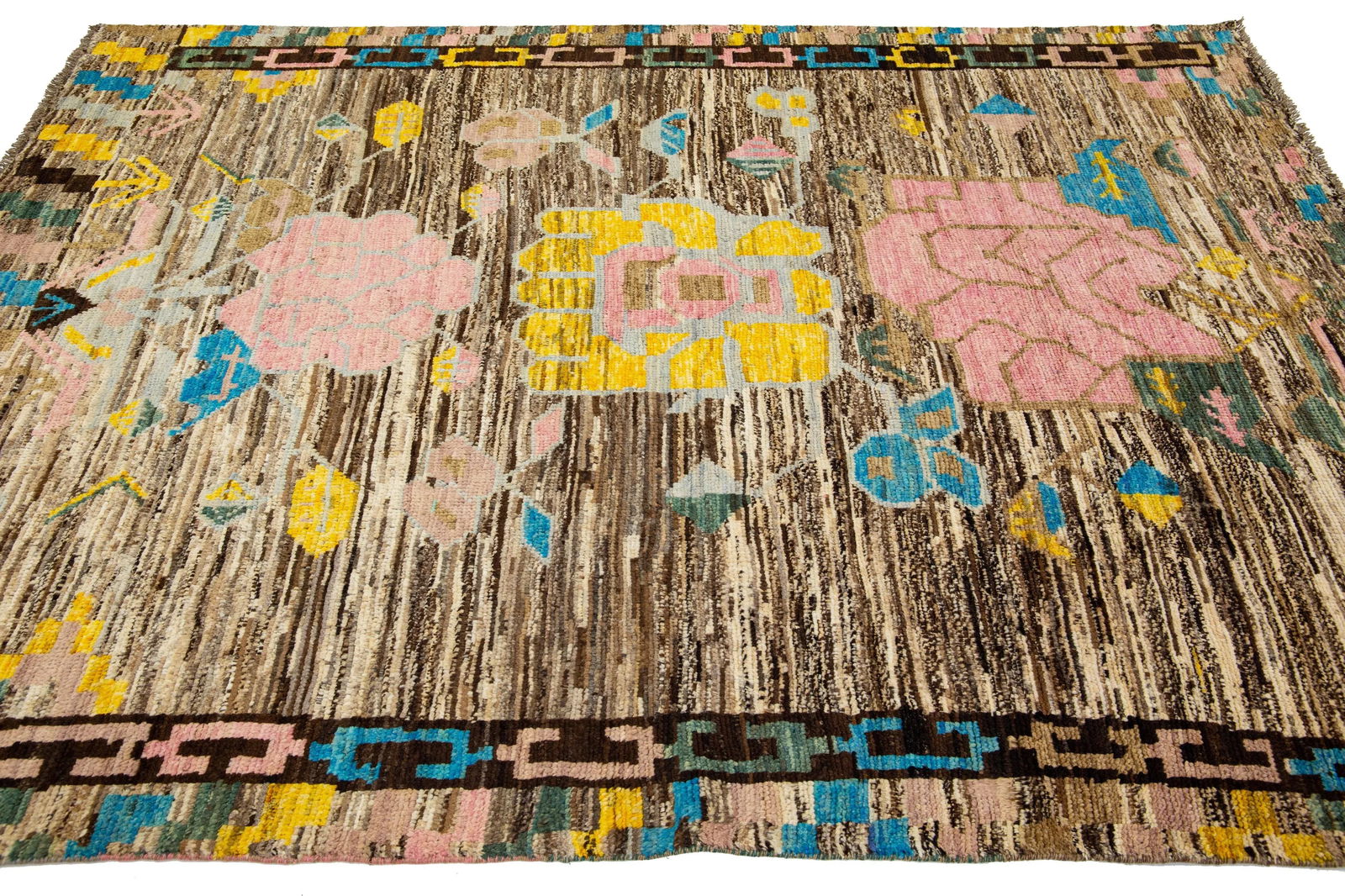 Floral Designed Modern Moroccan Style Wool Rug in Brown - 4