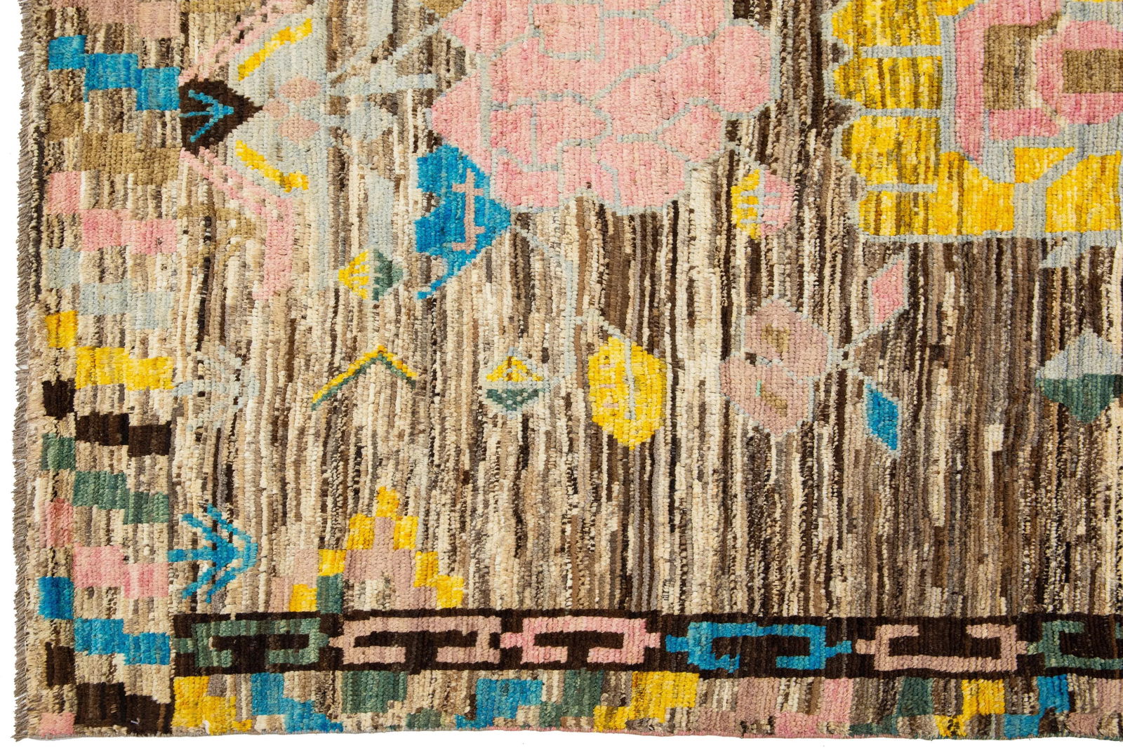 Floral Designed Modern Moroccan Style Wool Rug in Brown - 5