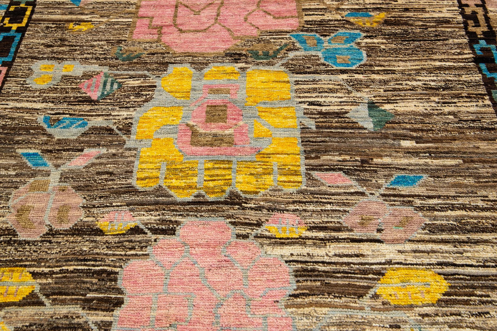 Floral Designed Modern Moroccan Style Wool Rug in Brown - 6