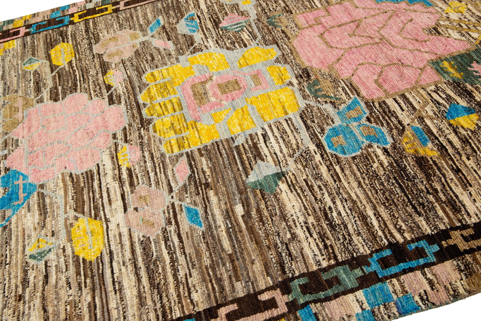 Floral Designed Modern Moroccan Style Wool Rug in Brown - 7