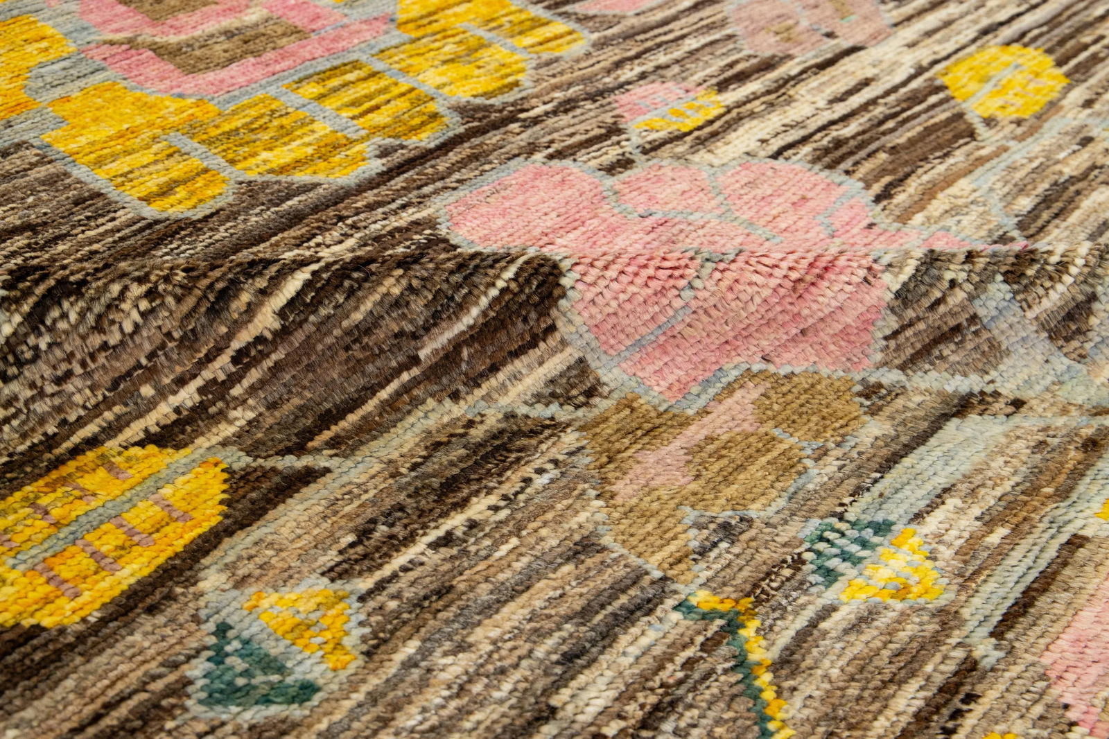 Floral Designed Modern Moroccan Style Wool Rug in Brown - 9