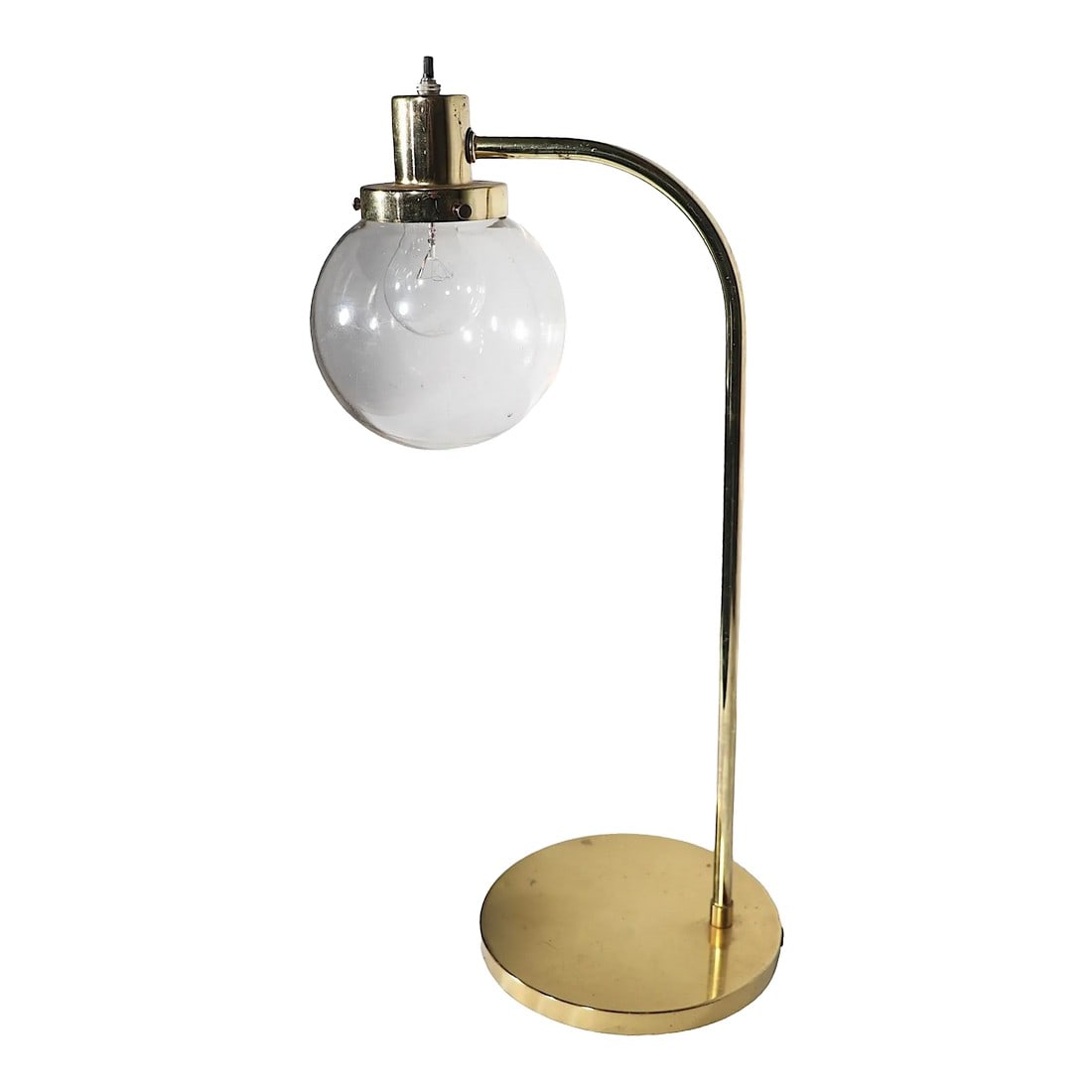 Post Modern Desk Table Lamp With Tinted Glass Ball Globe Shade C 1980's: Chic postmodern desk lamp having a brass base, and arc form arm, with a tinted glass ball globe shade. The lamp is in good, original, clean and working condition, showing only light cosmetic wear,