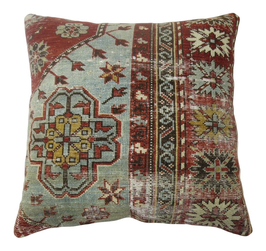 Early 20th Century Shabby Chic Rug Pillow: Pillow made from a antique tribal Caucasian rug with cotton back. Zipper closure and foam insert provided. Condition: Alterations: Unknown Imperfections: Some Imperfections Condition Notes: Because of