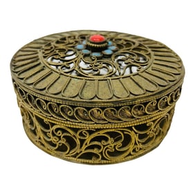 Collectible Gilt Metal Tibetan Box With Turquoise 1950s