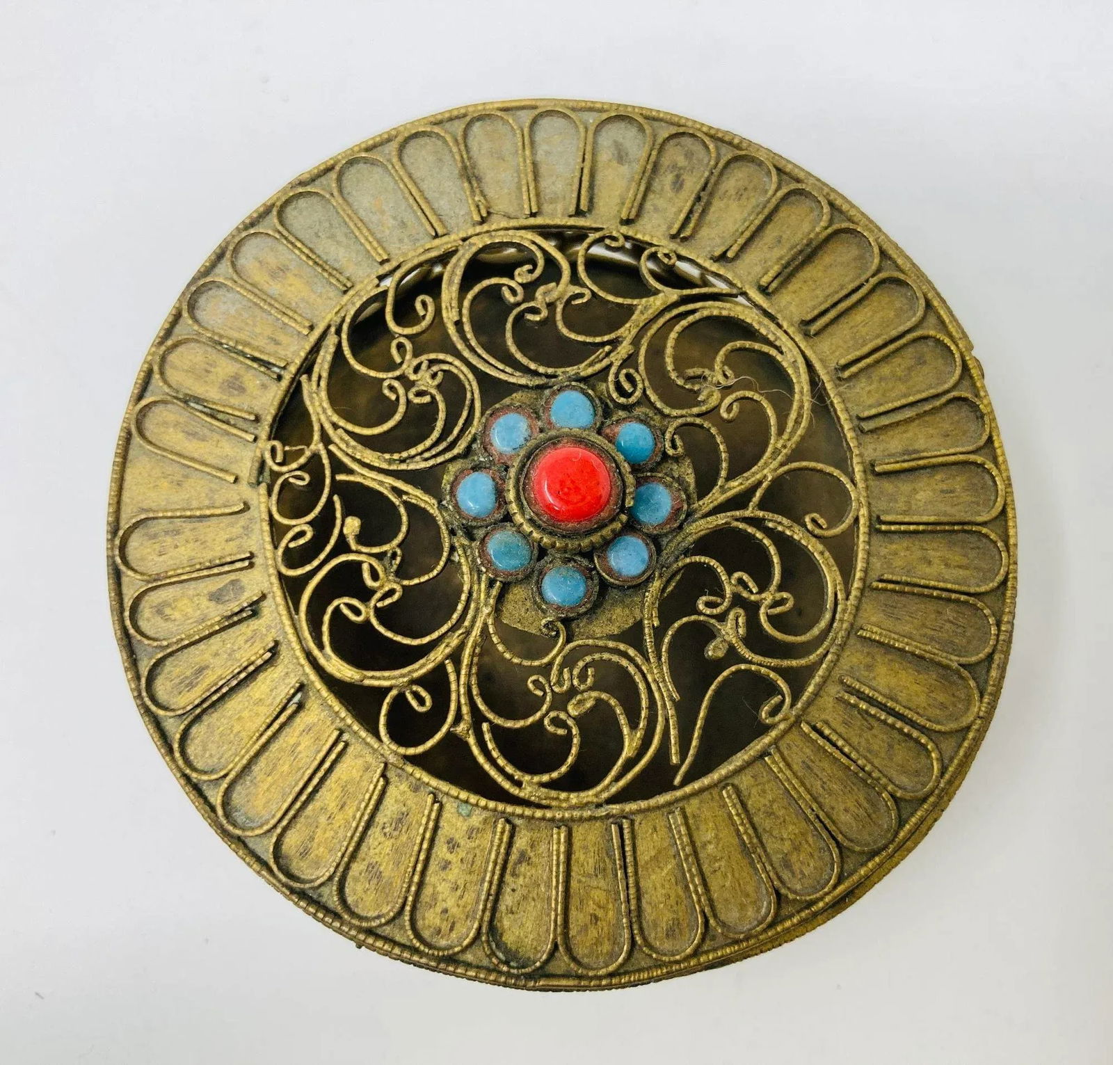 Collectible Gilt Metal Tibetan Box With Turquoise 1950s - 2