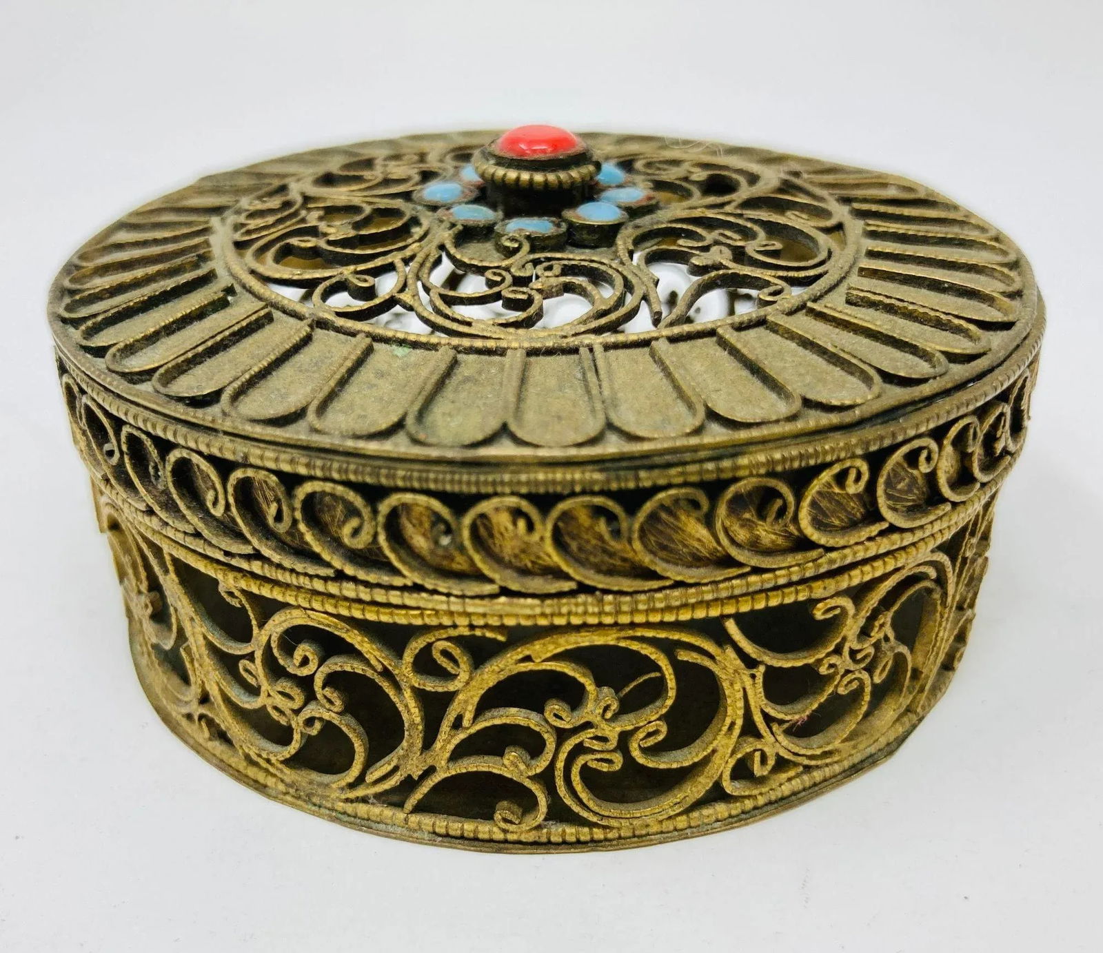 Collectible Gilt Metal Tibetan Box With Turquoise 1950s - 3