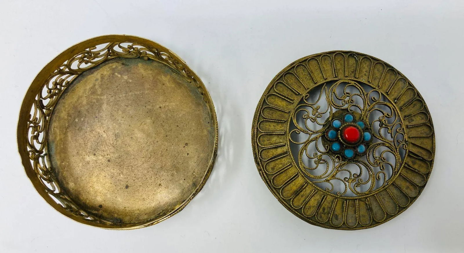 Collectible Gilt Metal Tibetan Box With Turquoise 1950s - 4