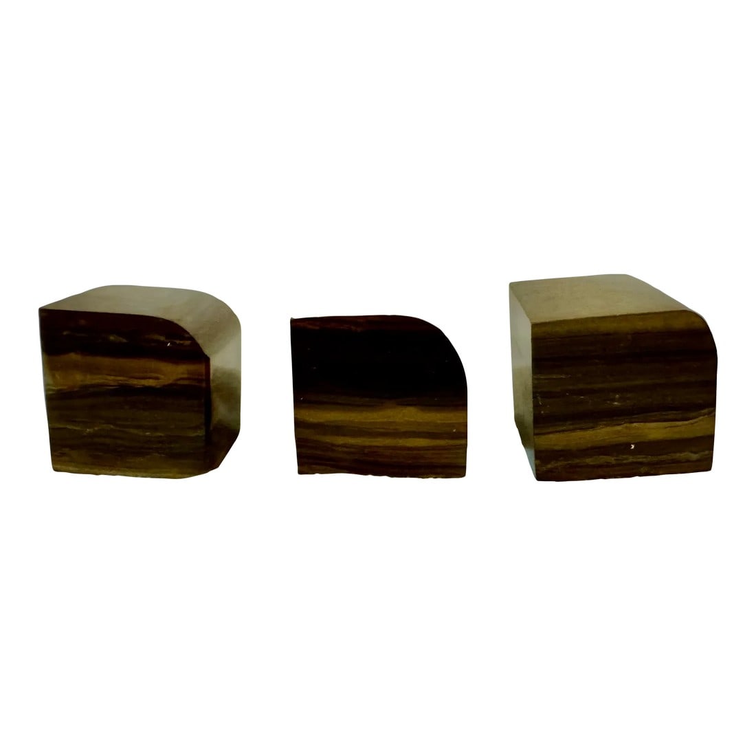 1970s Group of 3 Natural Striated Polished Petrified Wood Objet D 'Art - Set of 3: Set of 3 Polished Petrified Wood Decor Pieces – 2" Natural Striated Cubes Add organic elegance to your space with this group of three polished petrified wood cubes. Each piece showcases rich