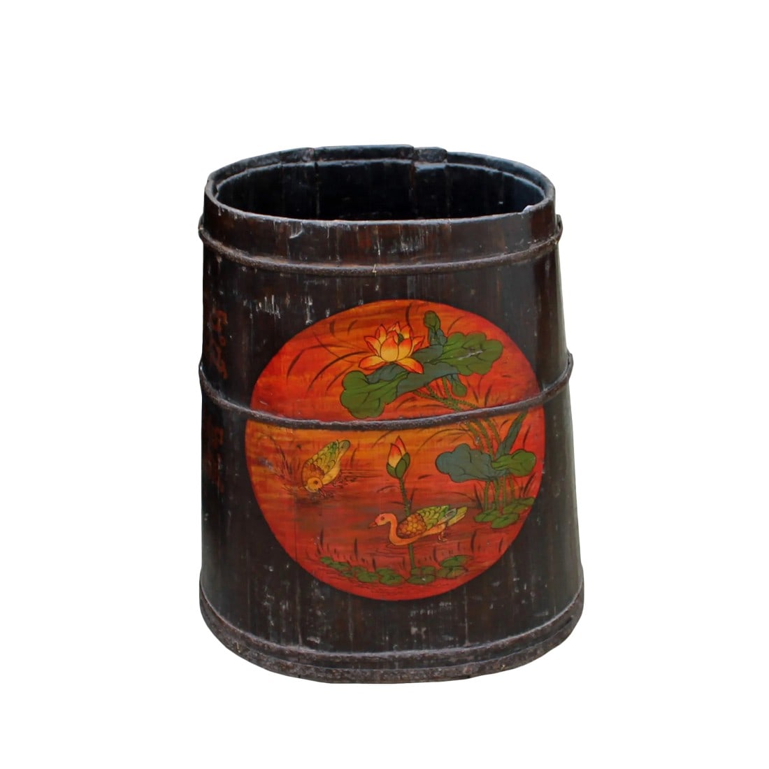 Distressed Chinese Tibetan Barrel Shape Black Floral Bucket Wood Container: This is a handmade Chinese accent decorative bucket / wood container in a barrel shape. The body is finished with uneven distressed black color and a metal ring around the body. It can be a plant wood
