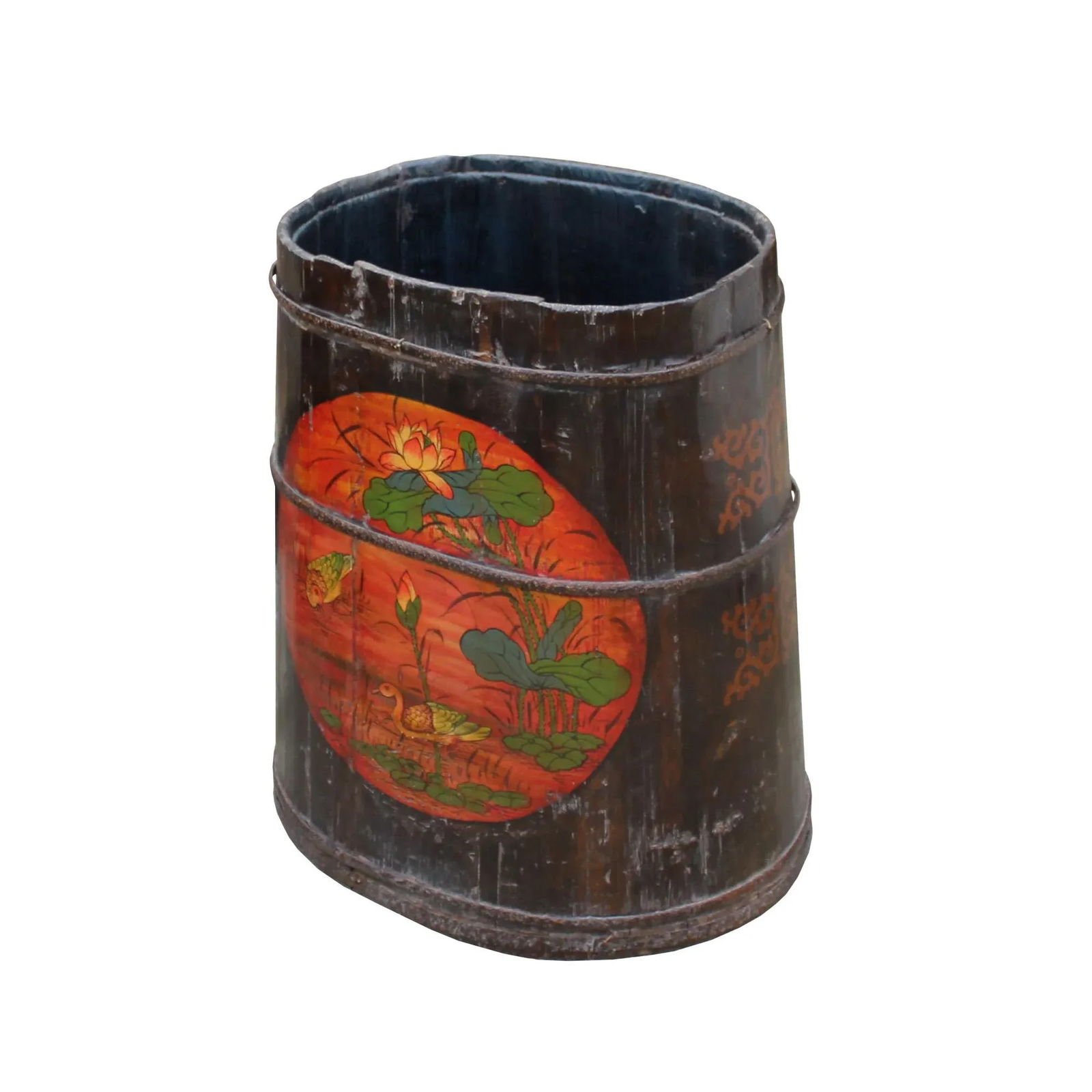 Distressed Chinese Tibetan Barrel Shape Black Floral Bucket Wood Container - 2