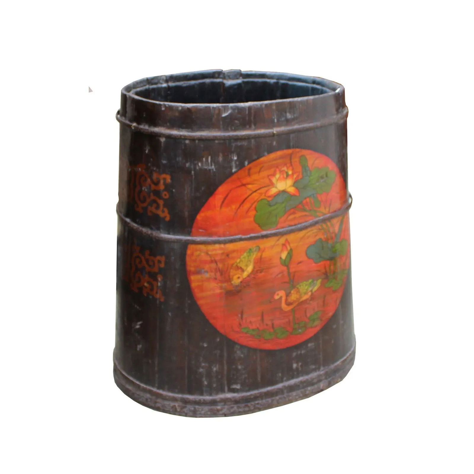 Distressed Chinese Tibetan Barrel Shape Black Floral Bucket Wood Container - 4