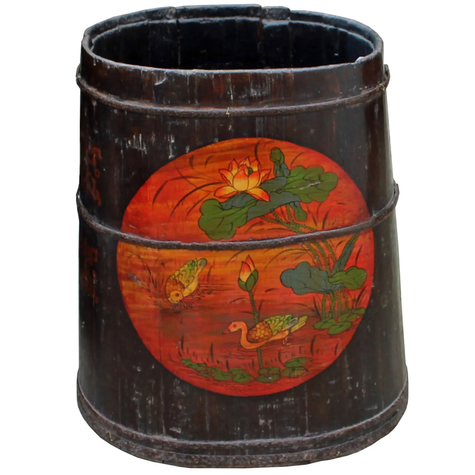 Distressed Chinese Tibetan Barrel Shape Black Floral Bucket Wood Container - 6
