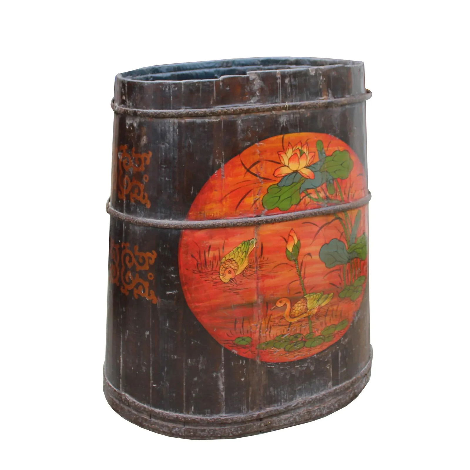 Distressed Chinese Tibetan Barrel Shape Black Floral Bucket Wood Container - 7