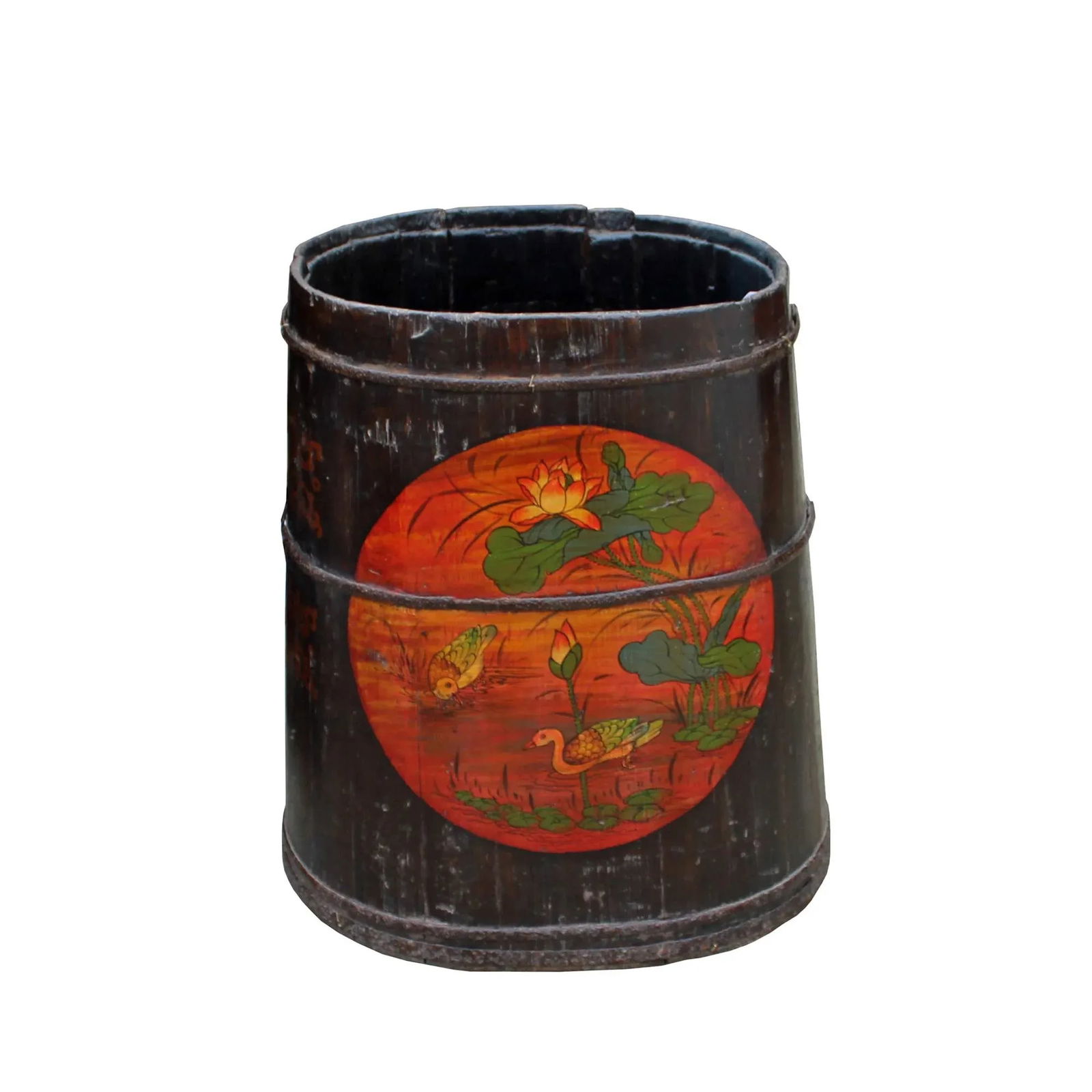 Distressed Chinese Tibetan Barrel Shape Black Floral Bucket Wood Container - 8