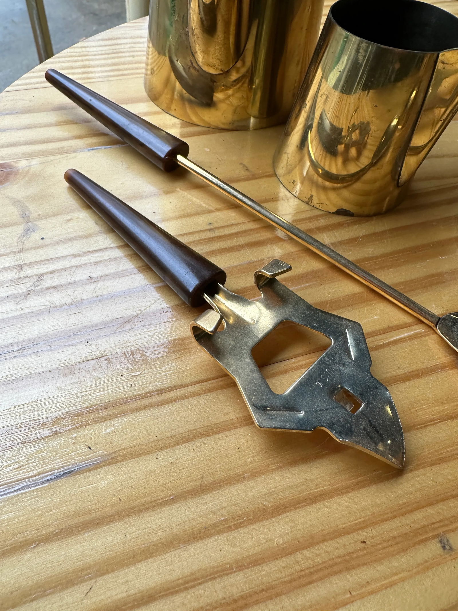 Vintage Wooden and Brass Coffee Set- 8 Pieces - 2