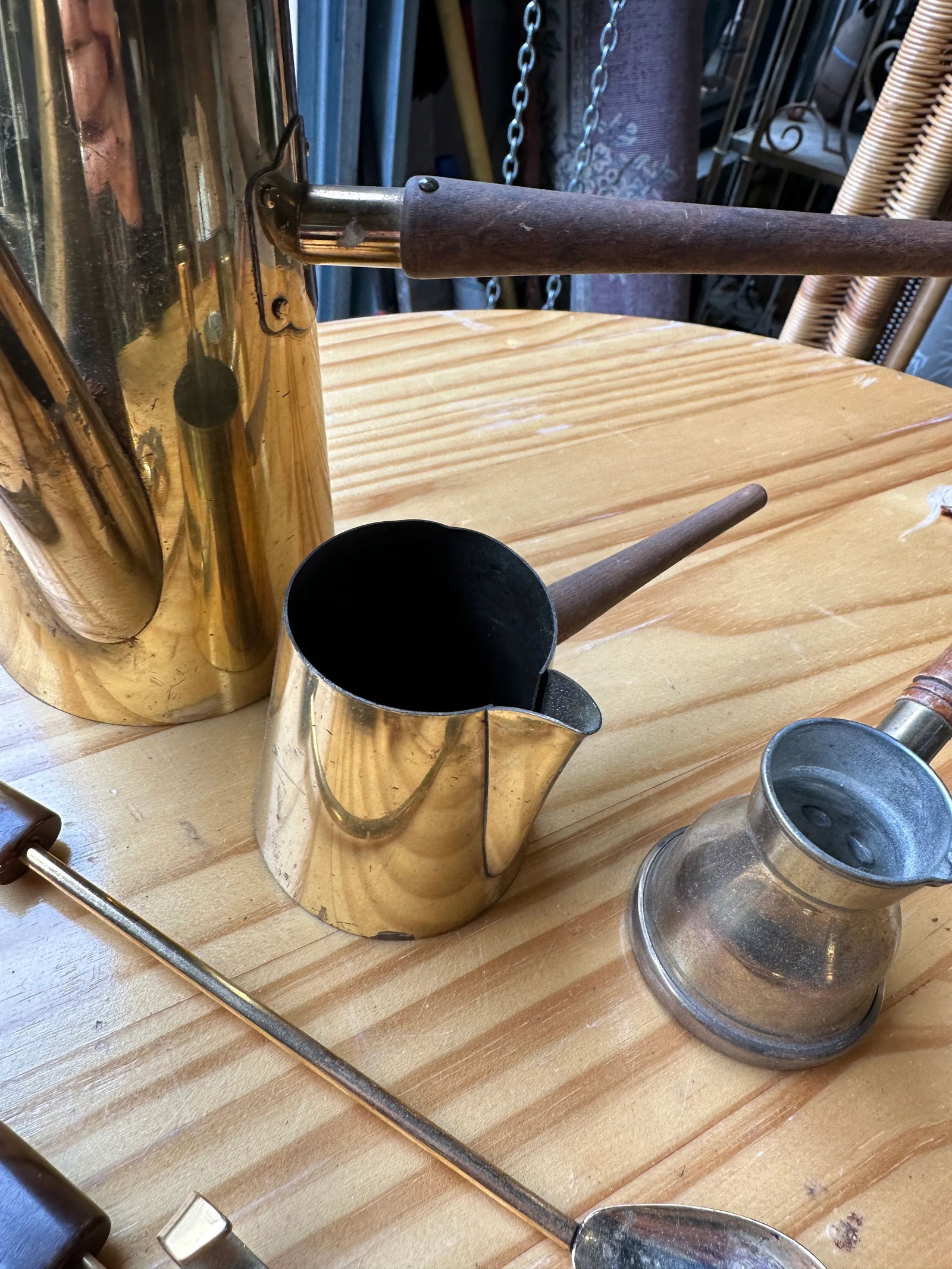 Vintage Wooden and Brass Coffee Set- 8 Pieces - 5