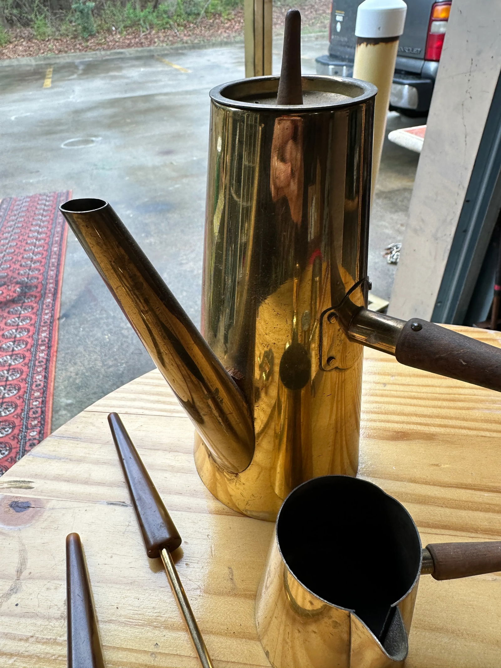 Vintage Wooden and Brass Coffee Set- 8 Pieces - 7