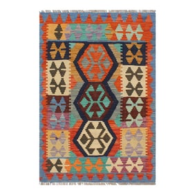 Tribal Kilim Blue Rust Wool Rug - 2'7" X 4'0"