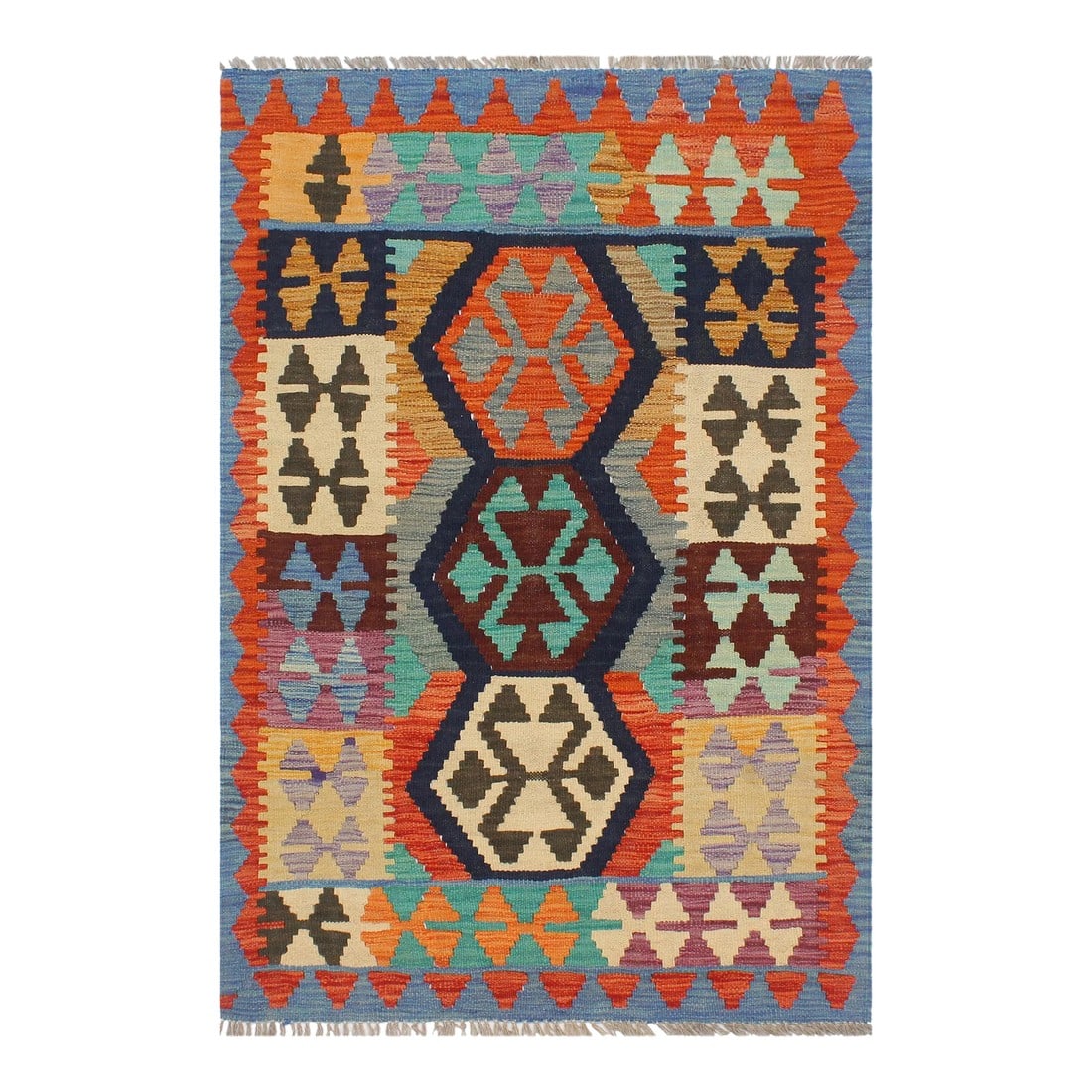 Tribal Kilim Blue Rust Wool Rug - 2'7" X 4'0": Add a touch of elegance to your home with this casual chic hand woven Tribal Kilim wool rug. Constructed on a loom by Nomad Turkman people with hand-spun wool and 100% Natural Vegetable dyes these