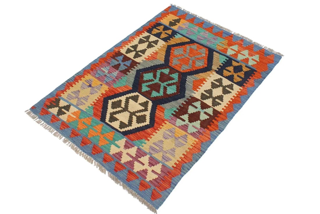 Tribal Kilim Blue Rust Wool Rug - 2'7" X 4'0" - 2