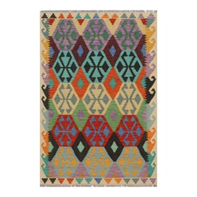 Kilim Blue Beige Wool Rug - 3'3" X 5'1"