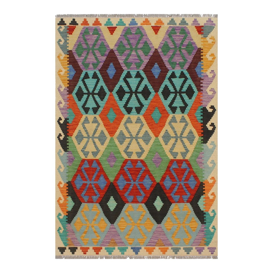 Kilim Blue Beige Wool Rug - 3'3" X 5'1": Add a touch of elegance to your home with this casual chic hand woven Tribal Kilim wool rug. Constructed on a loom by Nomad Turkman people with hand-spun wool and 100% Natural Vegetable dyes these
