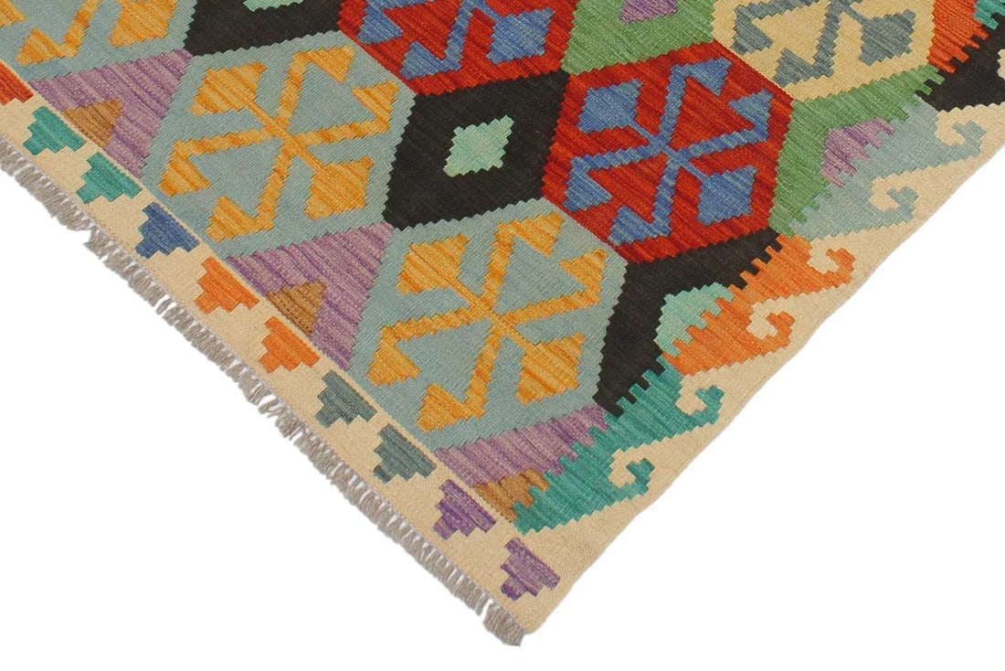 Kilim Blue Beige Wool Rug - 3'3" X 5'1" - 3