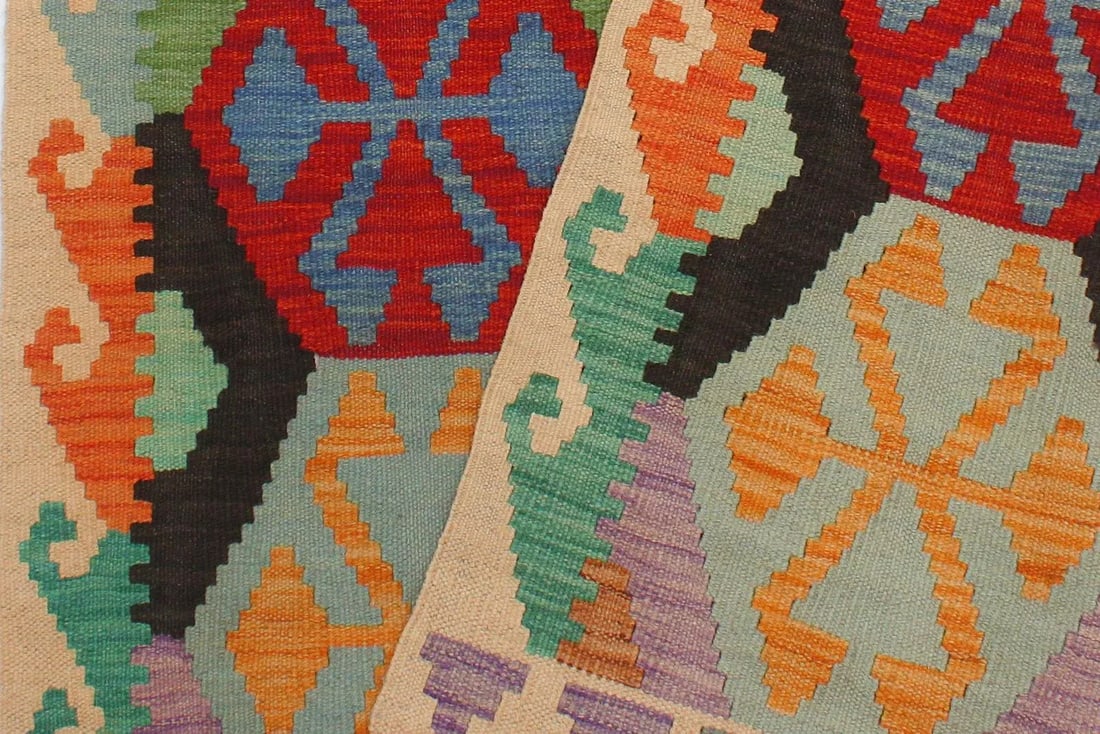 Kilim Blue Beige Wool Rug - 3'3" X 5'1" - 4