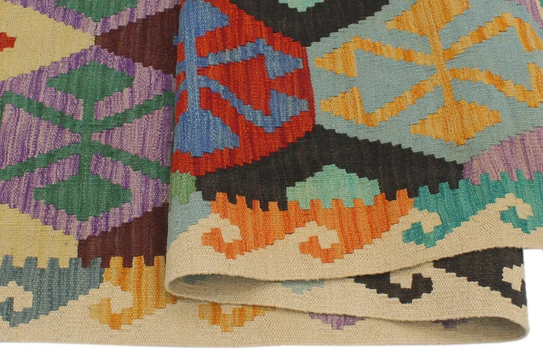 Kilim Blue Beige Wool Rug - 3'3" X 5'1" - 6