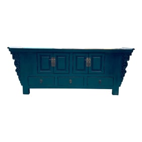 Asian Style Distressed Rustic Teal Blue Low Tv Console Table Cabinet