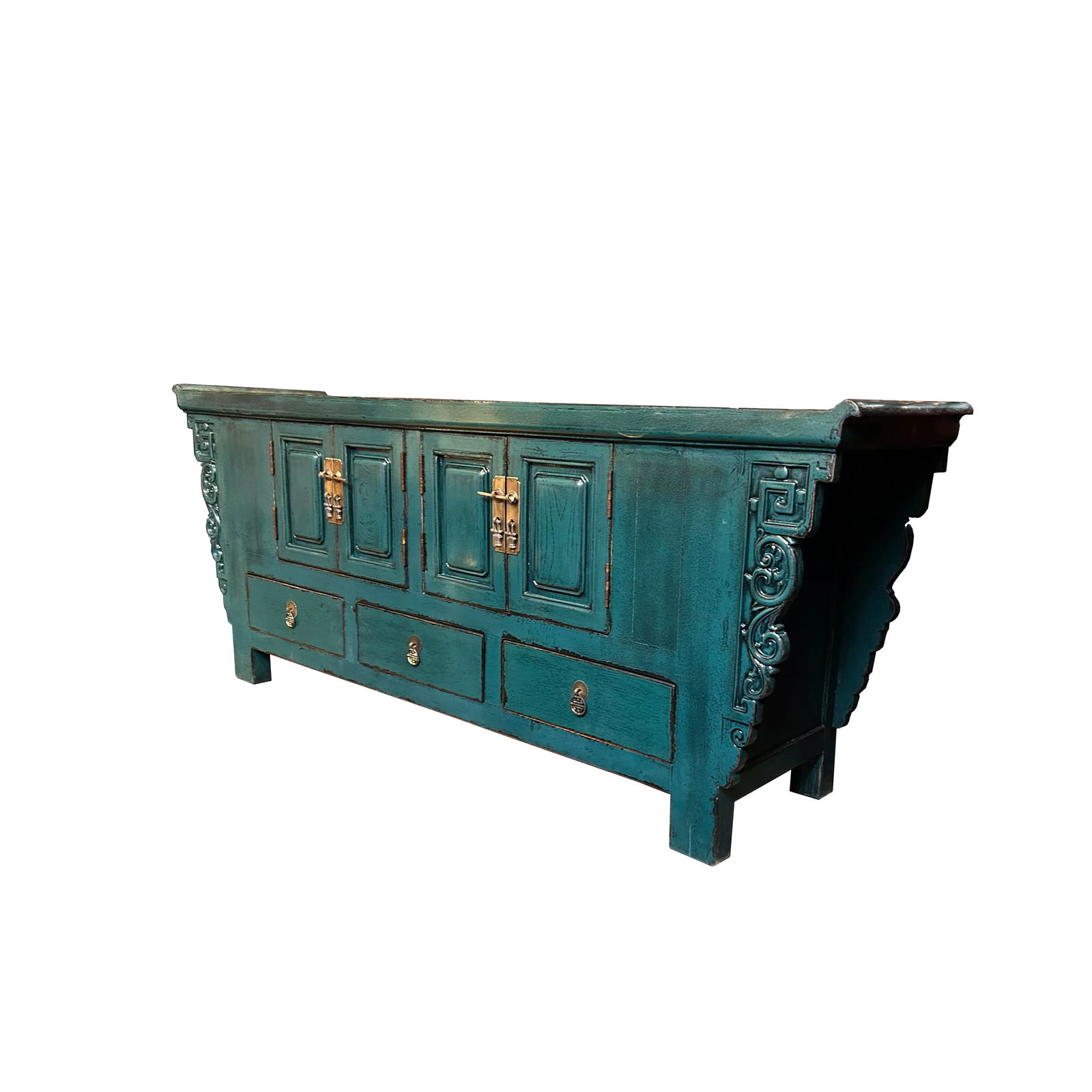 Asian Style Distressed Rustic Teal Blue Low Tv Console Table Cabinet - 3