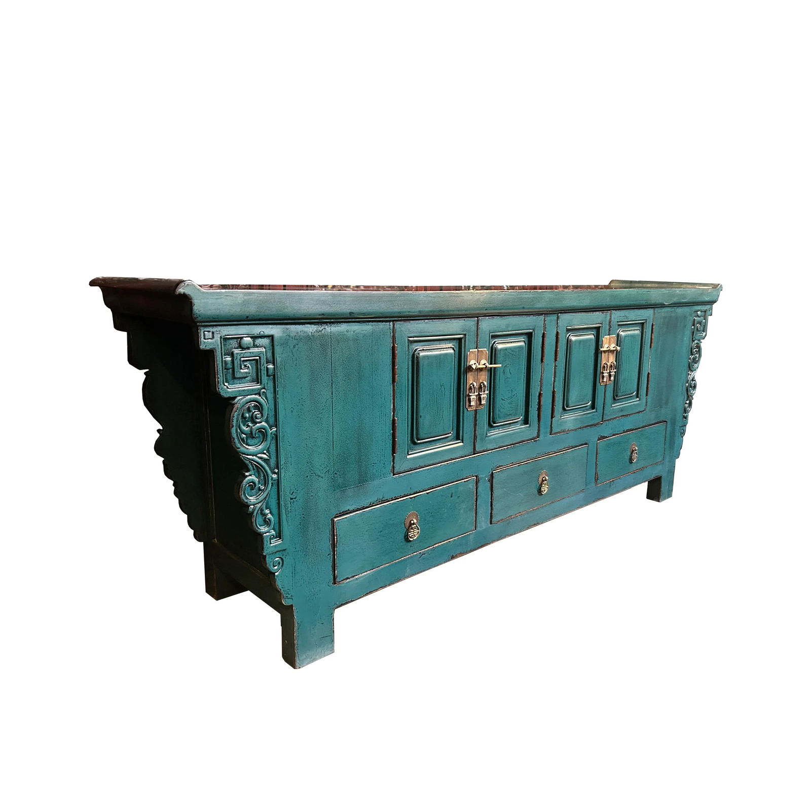 Asian Style Distressed Rustic Teal Blue Low Tv Console Table Cabinet - 5