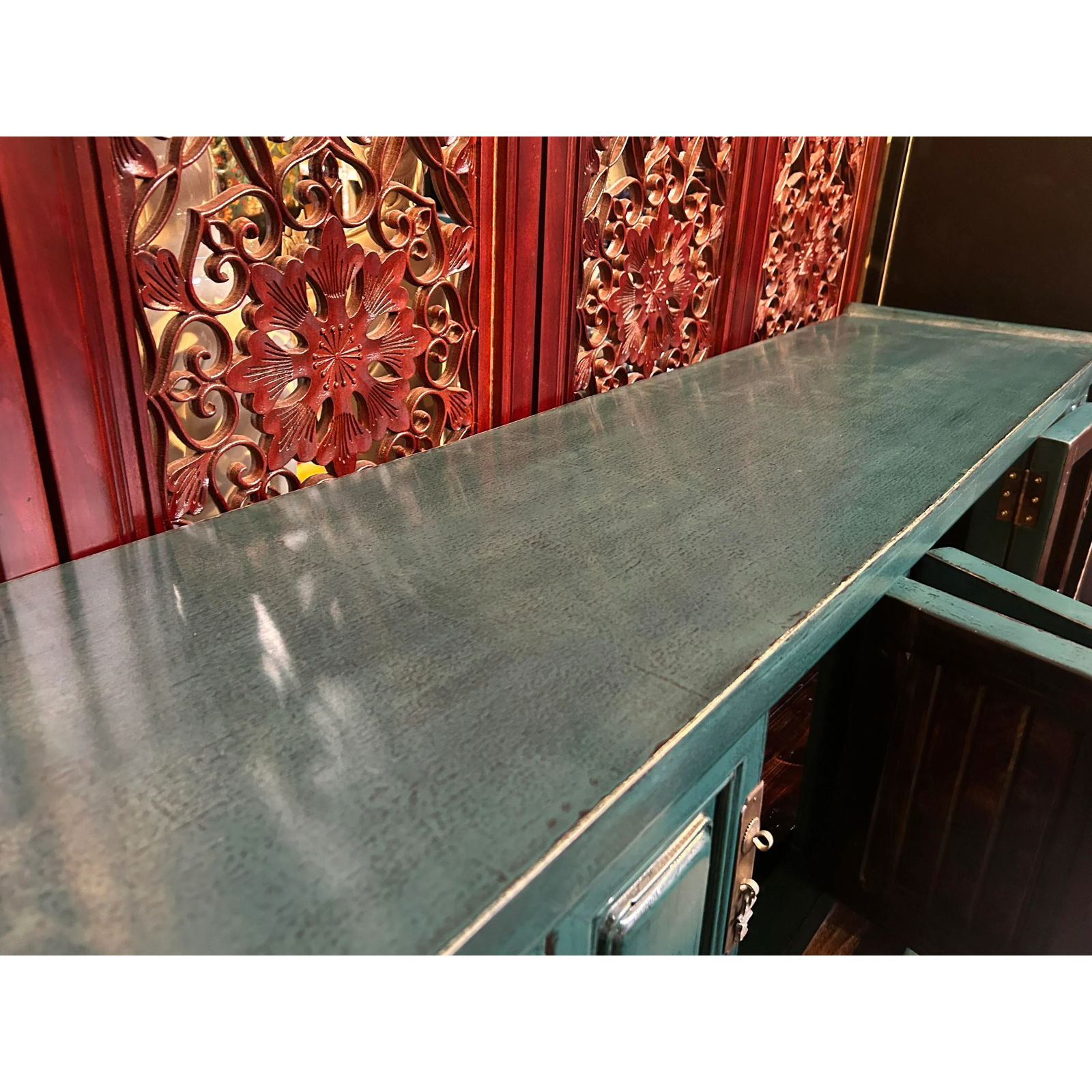 Asian Style Distressed Rustic Teal Blue Low Tv Console Table Cabinet - 6