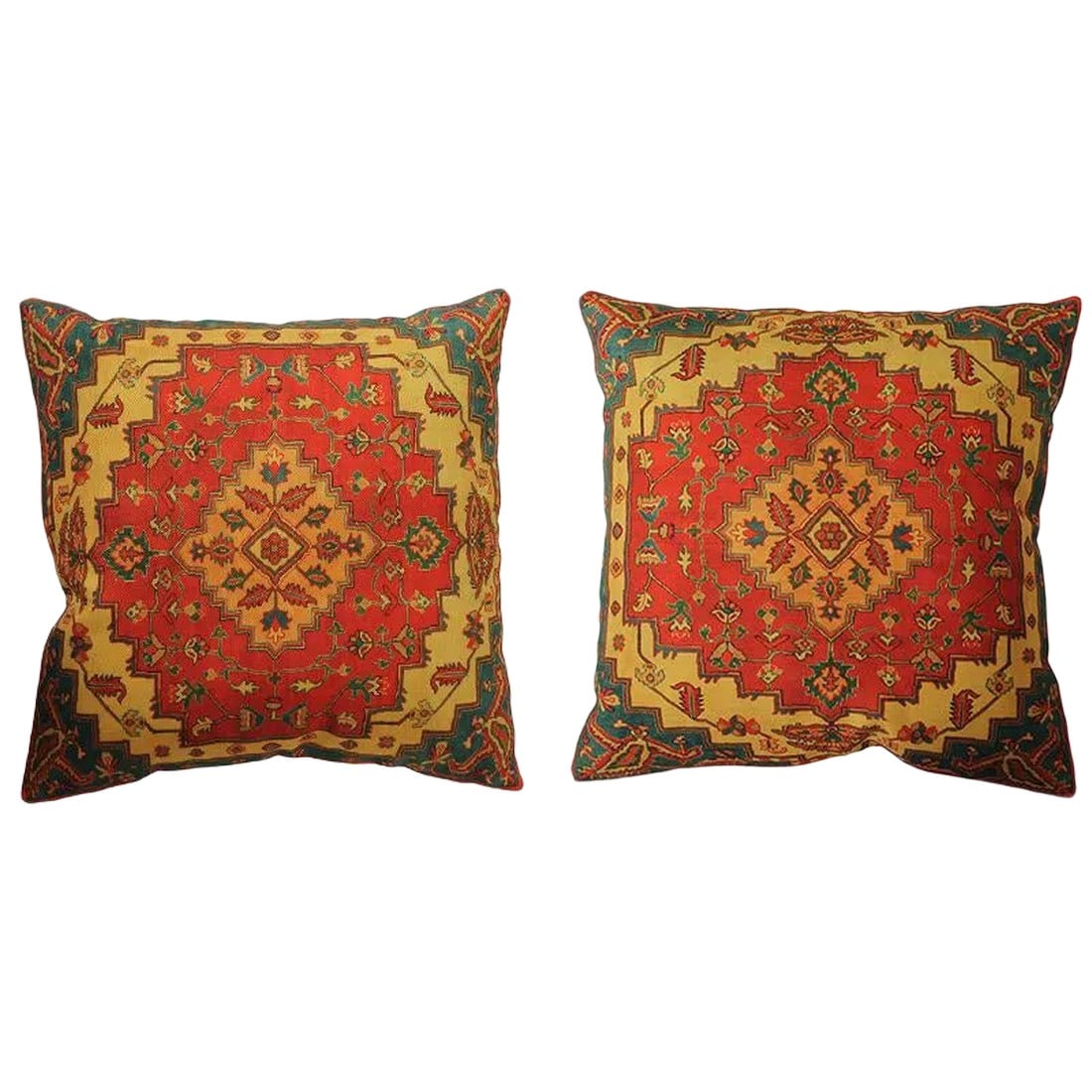 Pair of Traditional Persian Decorative Accent Pillows - 14Êºw × 14Êºh: These striking pillows bring the influence of thousands of years of trading on the Oriental Route to your home. They certainly are the perfect way to bring a bold pop of color into any space. These