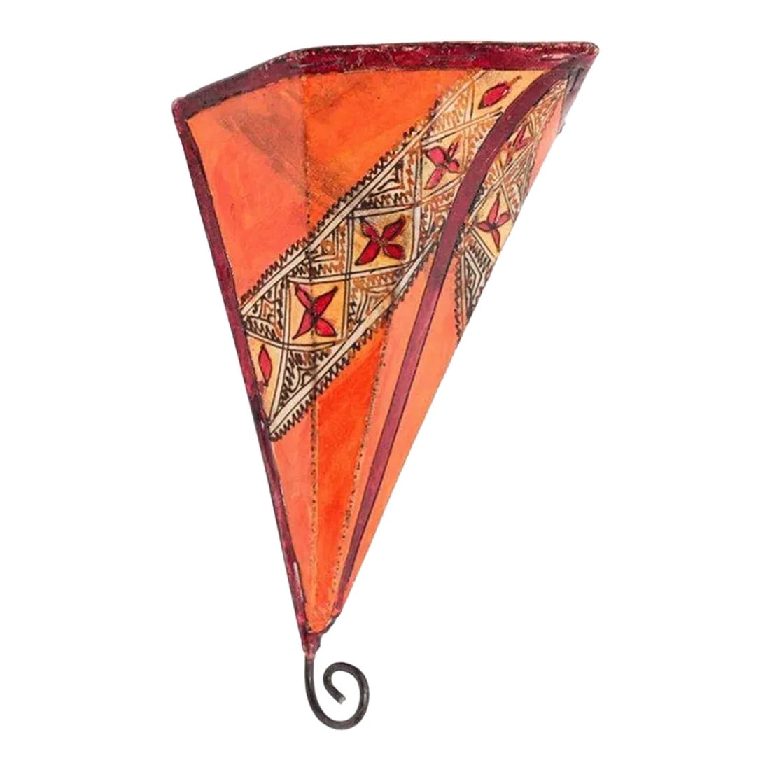 Moroccan Parchment Handpainted Folk Art Wall Sconce Shade: African Tribal Art parchment wall shade sconce featuring a large triangle hide form stitched on iron and hand painted surface. These Moroccan Art pieces could be used as wall lamp shade. Iron frame