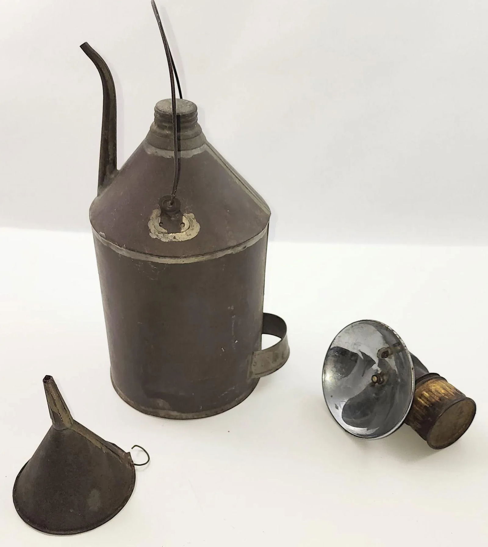 Carbide Coal Miners Lamp With Coal Oil Can and Tin Funnel by Justrite Areamlined - 2