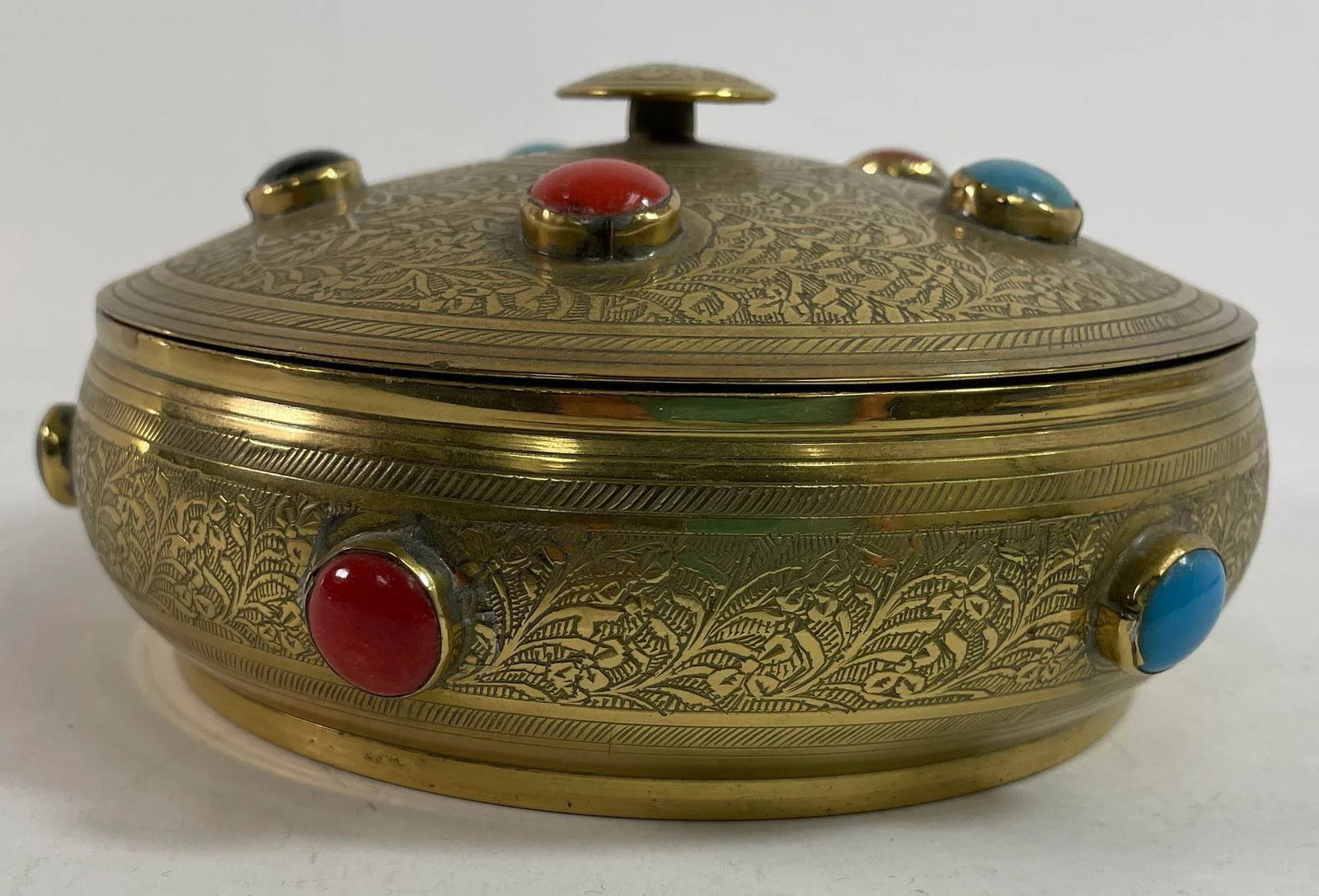 Vintage Moroccan Jewelled Trinket Brass Round Box With Beads - 11