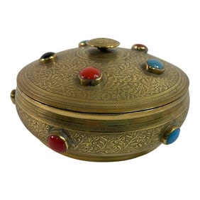Vintage Moroccan Jewelled Trinket Brass Round Box With Beads