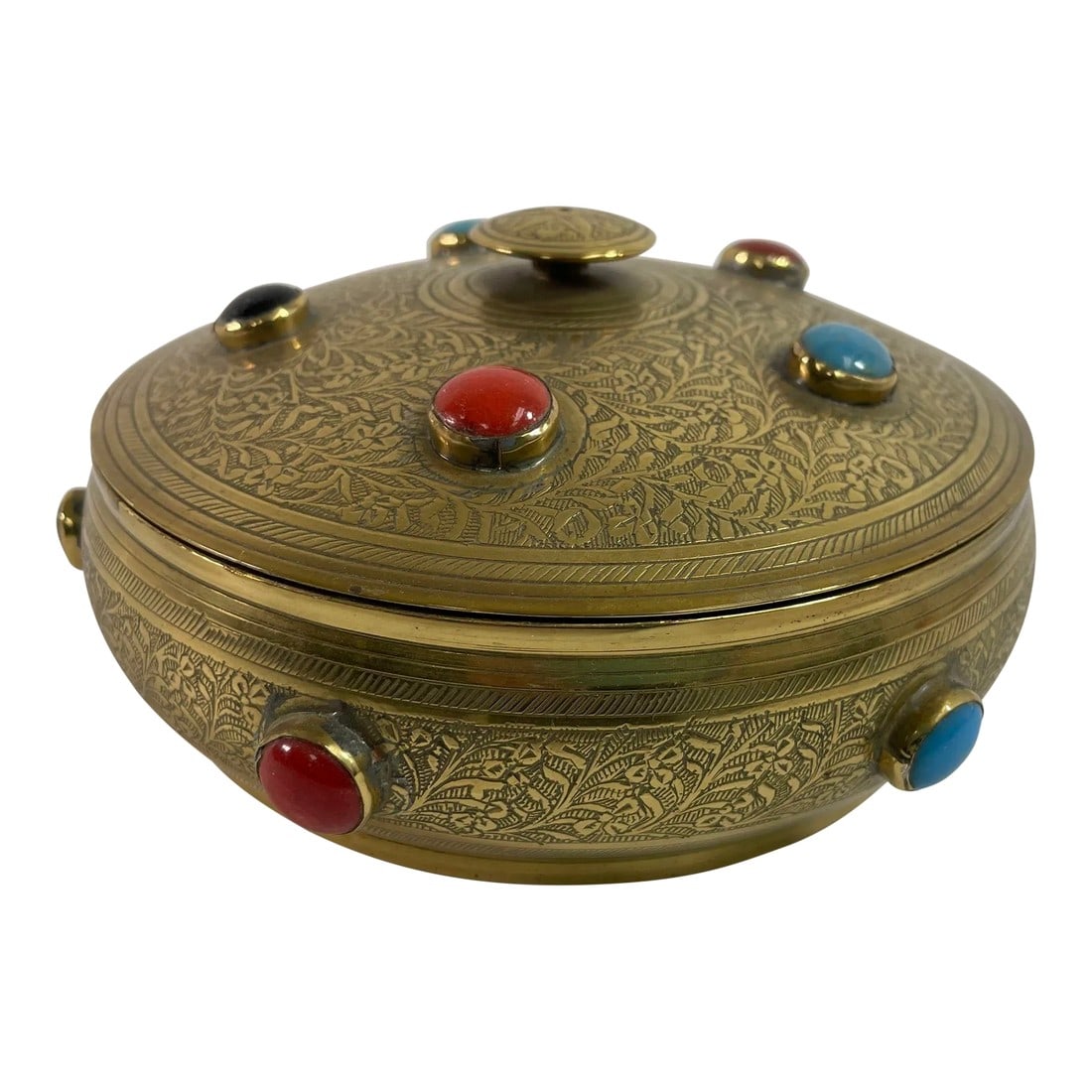 Vintage Moroccan Jewelled Trinket Brass Round Box With Beads: vintage Moroccan brass round trinket box decorated with multicolored jewelled beads in turquoise blue, ruby red, emerald green and onyx black. handcrafted metal brass box with lid finely and