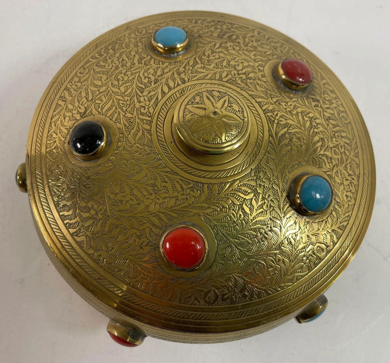 Vintage Moroccan Jewelled Trinket Brass Round Box With Beads - 2