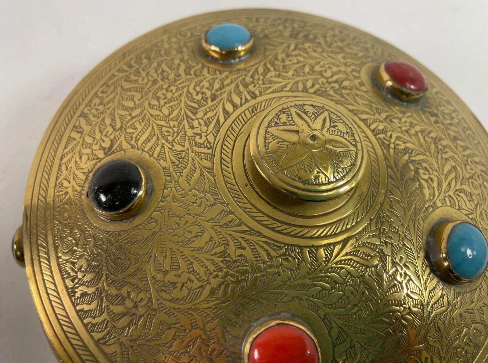 Vintage Moroccan Jewelled Trinket Brass Round Box With Beads - 3