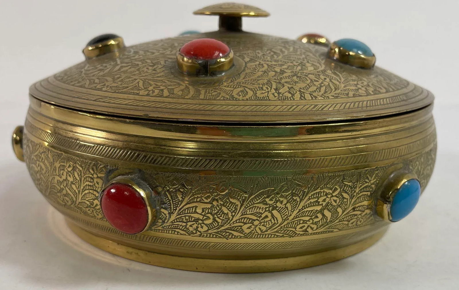 Vintage Moroccan Jewelled Trinket Brass Round Box With Beads - 4