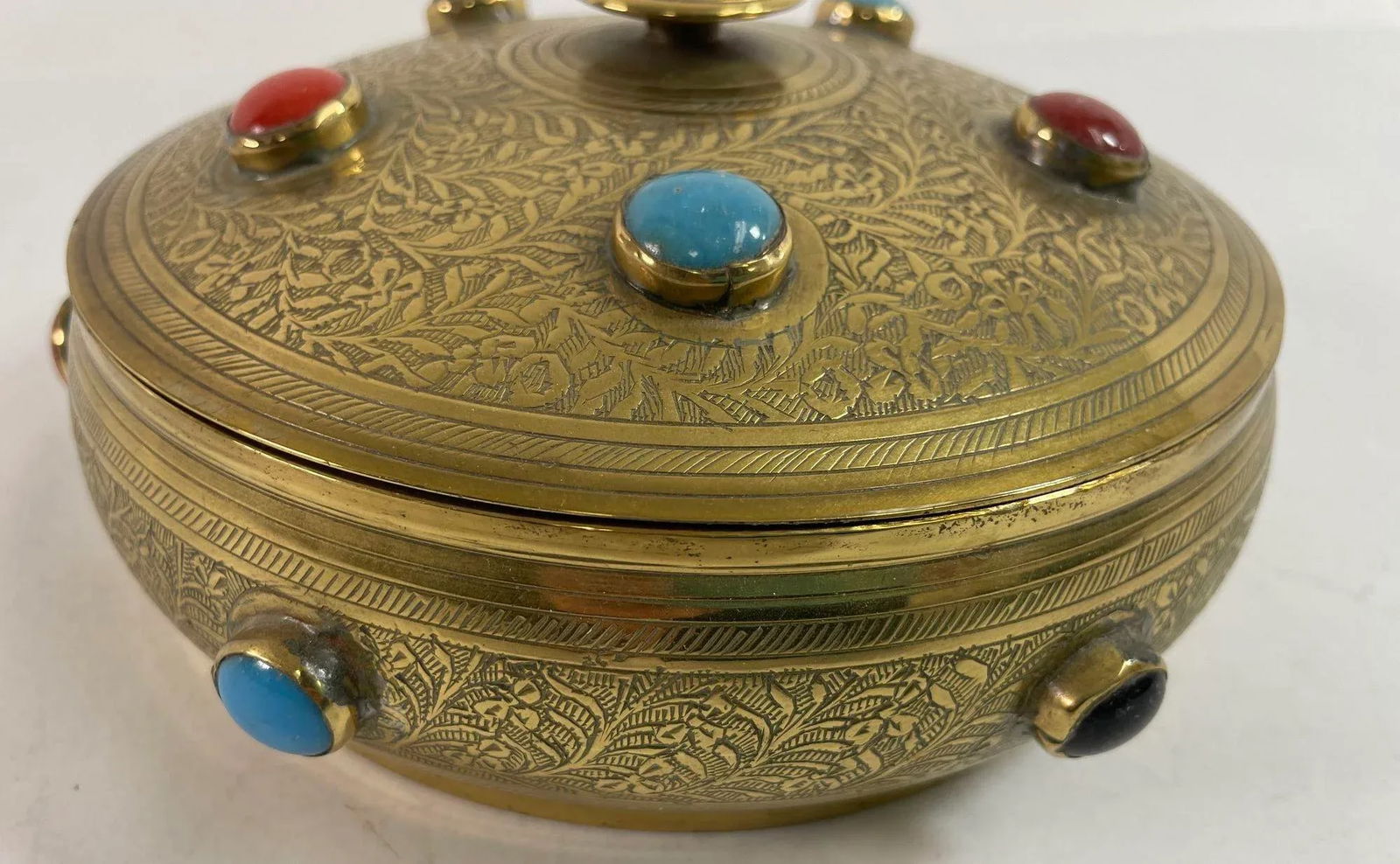Vintage Moroccan Jewelled Trinket Brass Round Box With Beads - 5