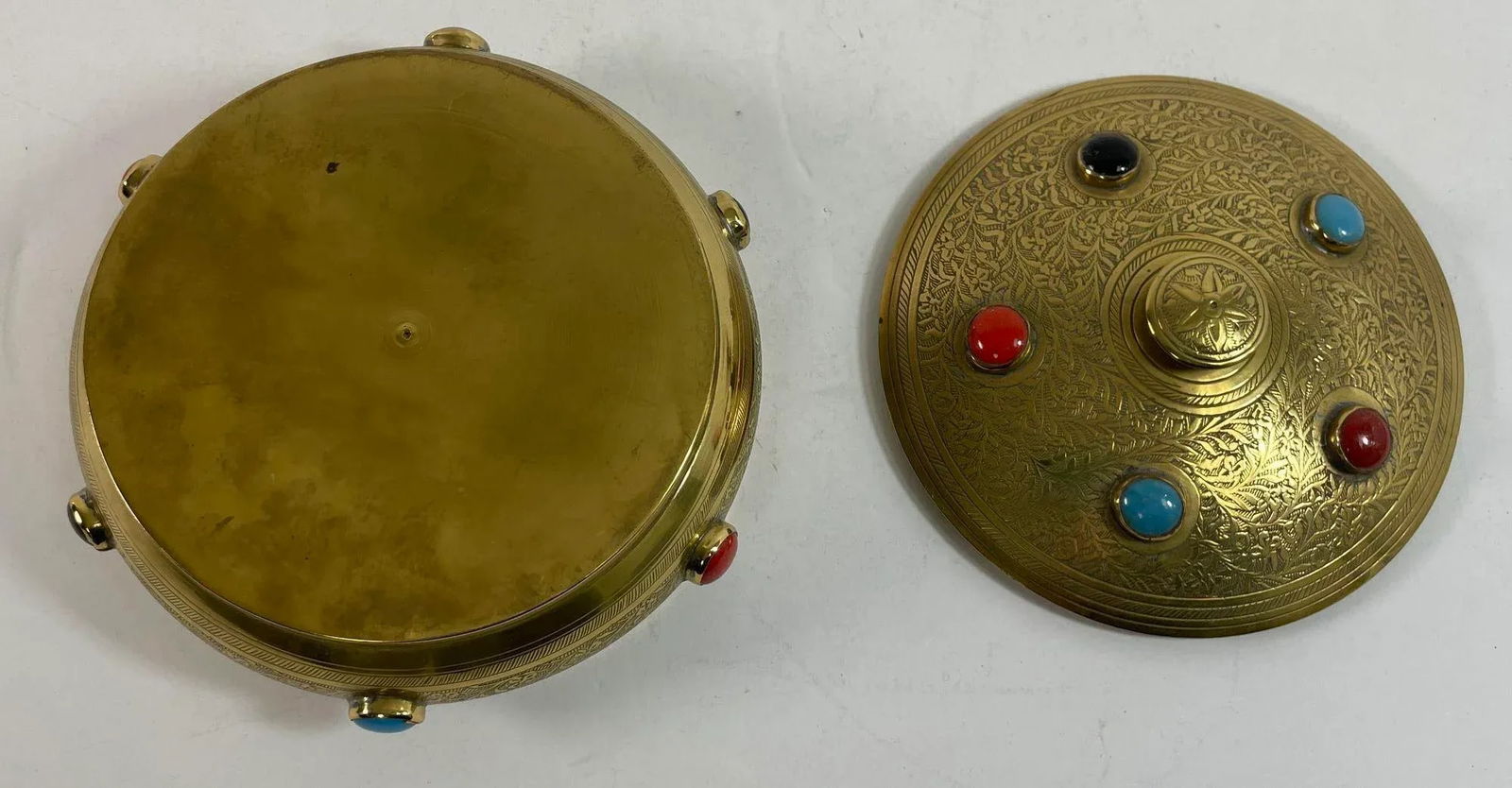 Vintage Moroccan Jewelled Trinket Brass Round Box With Beads - 6