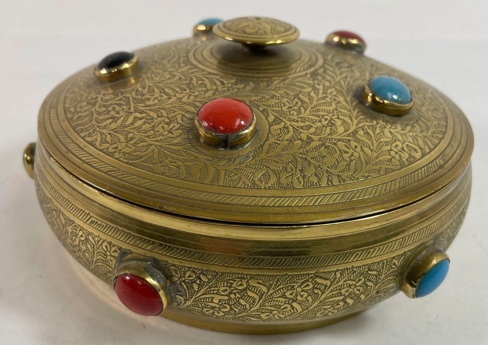 Vintage Moroccan Jewelled Trinket Brass Round Box With Beads - 7