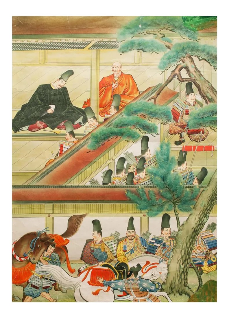 Pre-1945 Original Japanese History School Poster: A beautiful rare original extra large Japanese History School poster. It came with a collection of 18 posters published in Japan, which were banned after the end of WW2 by the general headquarters of