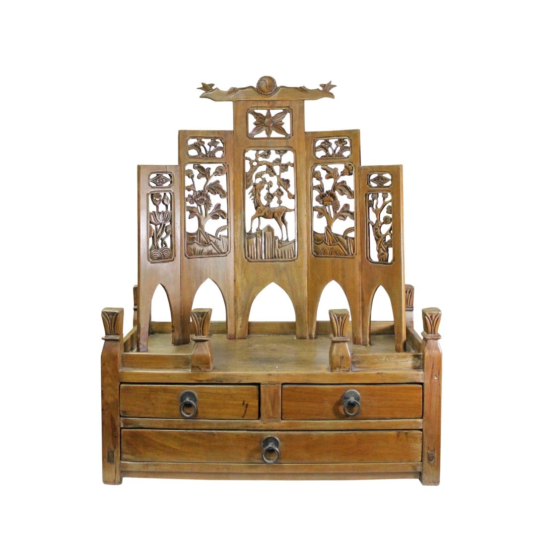 Chinese Vintage Carving Display Shrine Chest Stand: This is a traditional Chinese display chest with little drawers for storage. The accent panel is carved with oriental scenery. It can be used as a display accent or as a shrine altar. Dimensions: