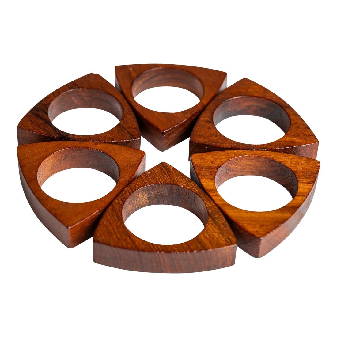 Set of 6 Danish Mid-Century Modern Napkin Rings / Holders in Solid Teak, Denmark, Circa 1960's: Introducing a set of extraordinary, hand-turned and shaped napkin rings carved out of solid Burmese teak with out-of-this-world woodgrains throughout. Ideal for those who focus on the details this